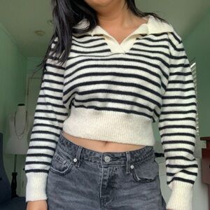 Korean Style Black and White Striped Knit Collared Sweater